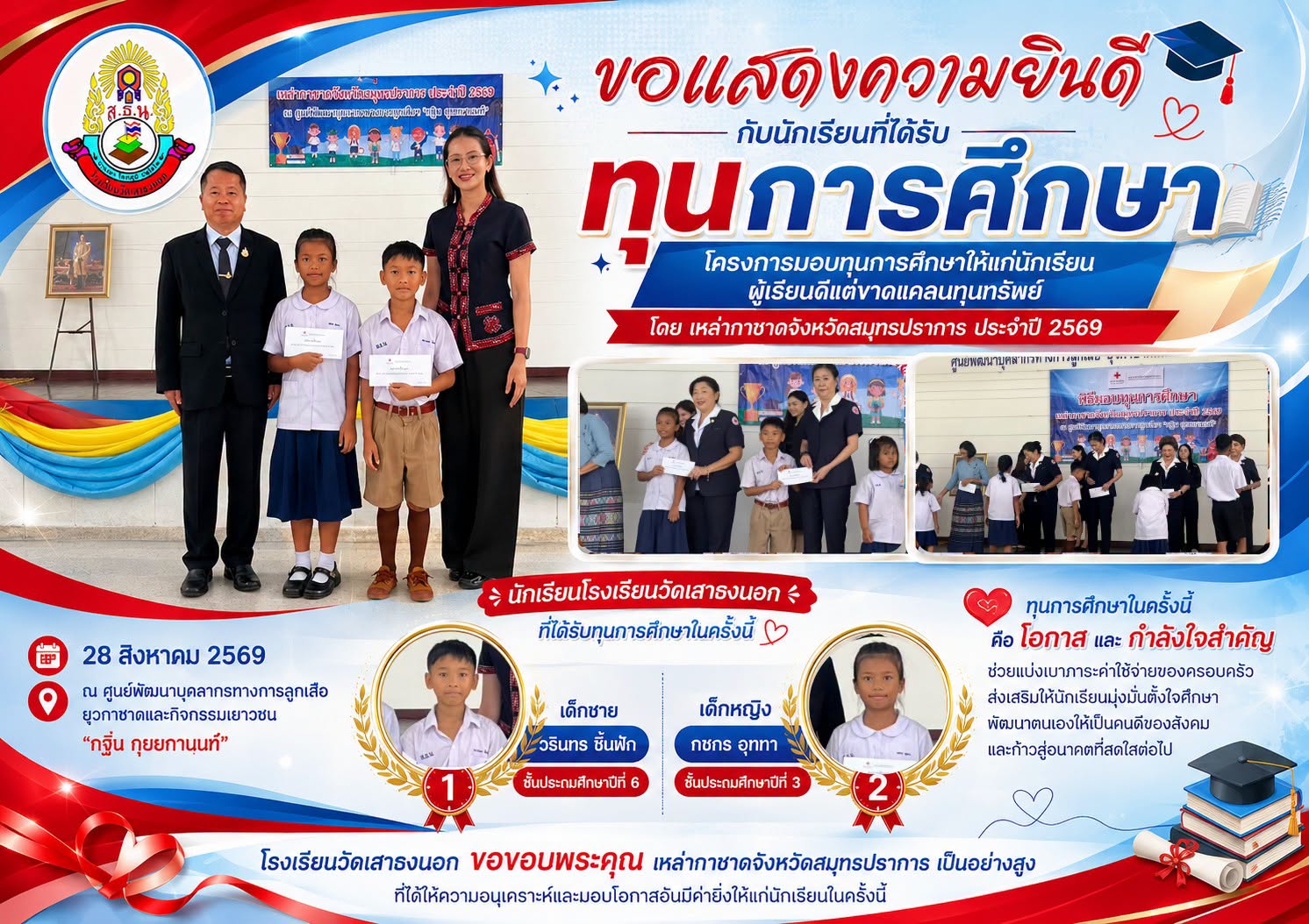 ขอแสดงความยินดีกับนักเรียนทั้ง 2 คน ที่ได้รับทุนการศึกษา โครงการมอบทุนการศึกษาให้แก่นักเรียนผู้เรียนดีแต่ขาดแคลนทุนทรัพย์ ประจำปี 2569